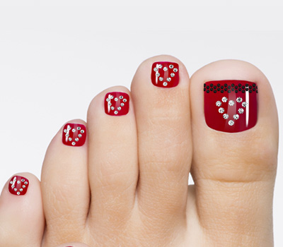 rhinestones-red-toenail-art | Mary's Nails & Spa